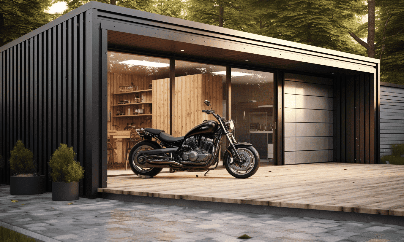 Stylish industrial motorcycle garage showcasing modern urban design elements