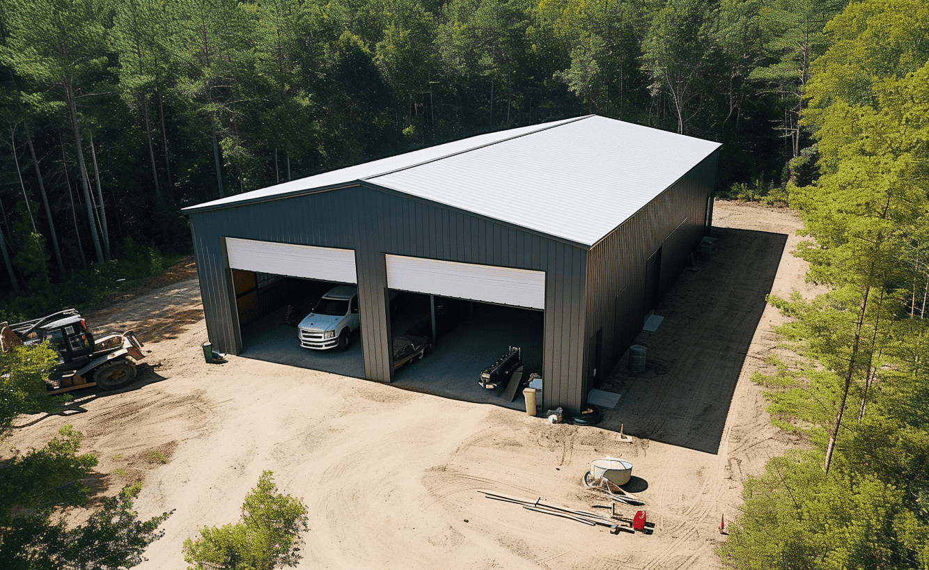 Large steel garage surrounded by rich greenery in a forest ambiance Large steel garage surrounded by rich greenery in a forest ambiance