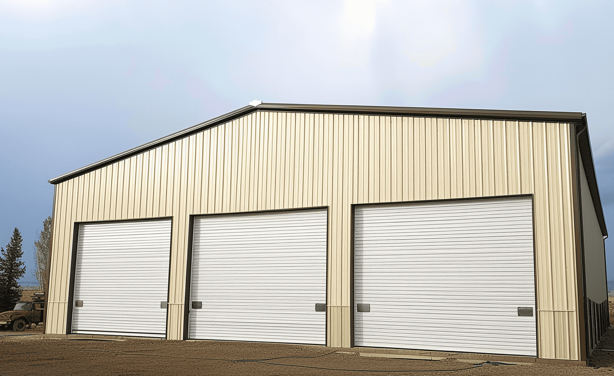 "Spacious white garage with three large entryways, perfect for multi-vehicle storage and easy access."