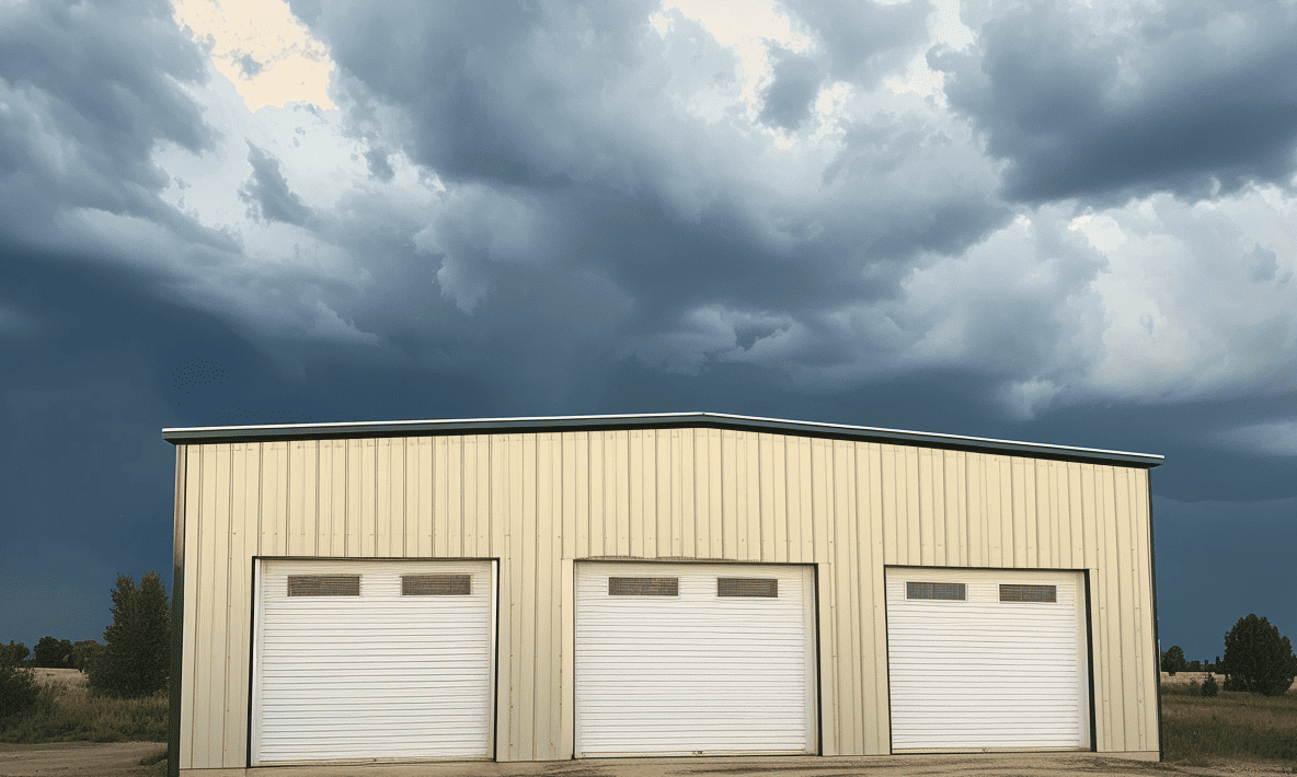 Large white metallic construction with multiple garage doors, located on a barren, dirt terrain. Large white metallic construction with multiple garage doors, located on a barren, dirt terrain.