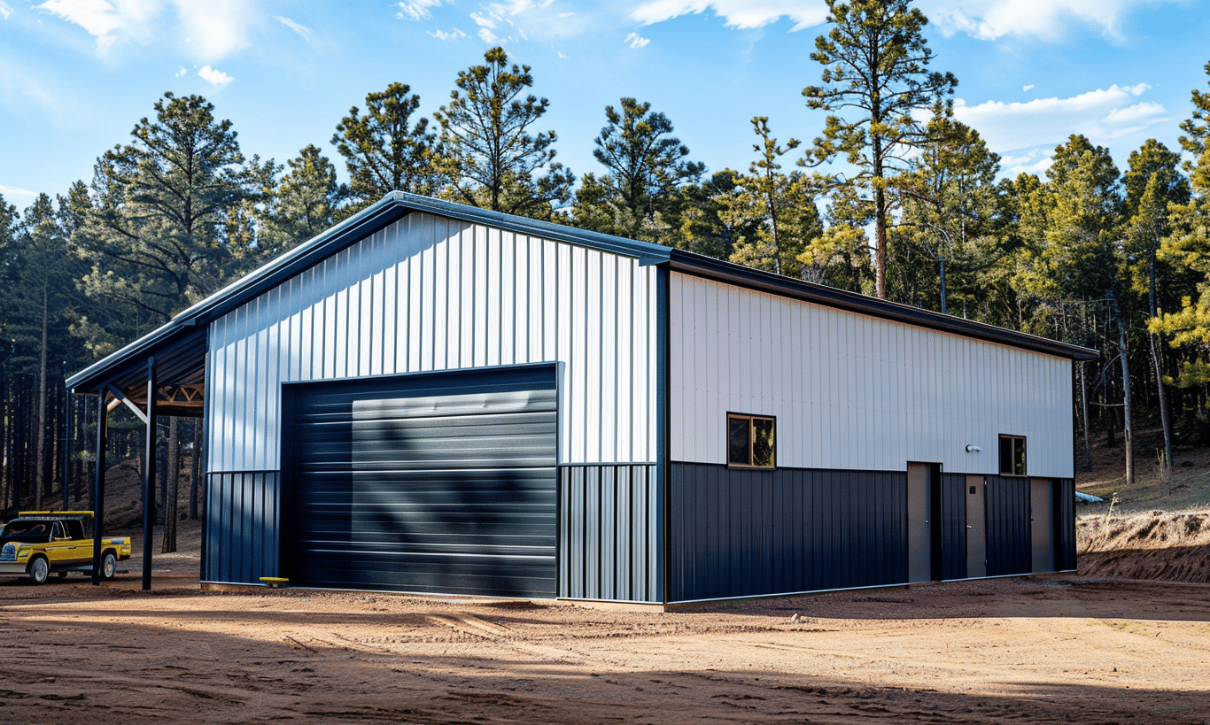 "Manitoba steel garage kits showing a white and navy blue metal building structure"