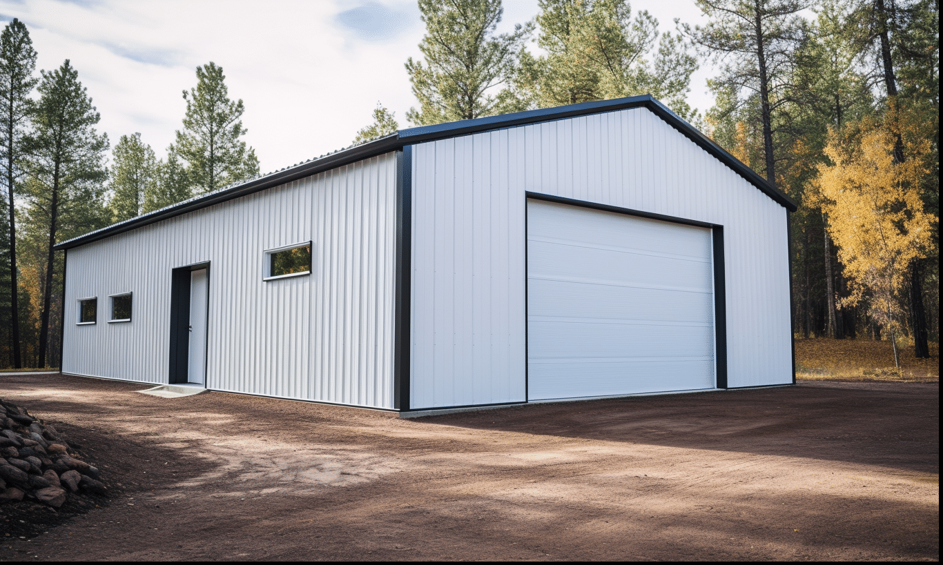 "Durable steel garage kit with robust white double doors, perfect for outdoor use in Manitoba's distinct weather conditions"
