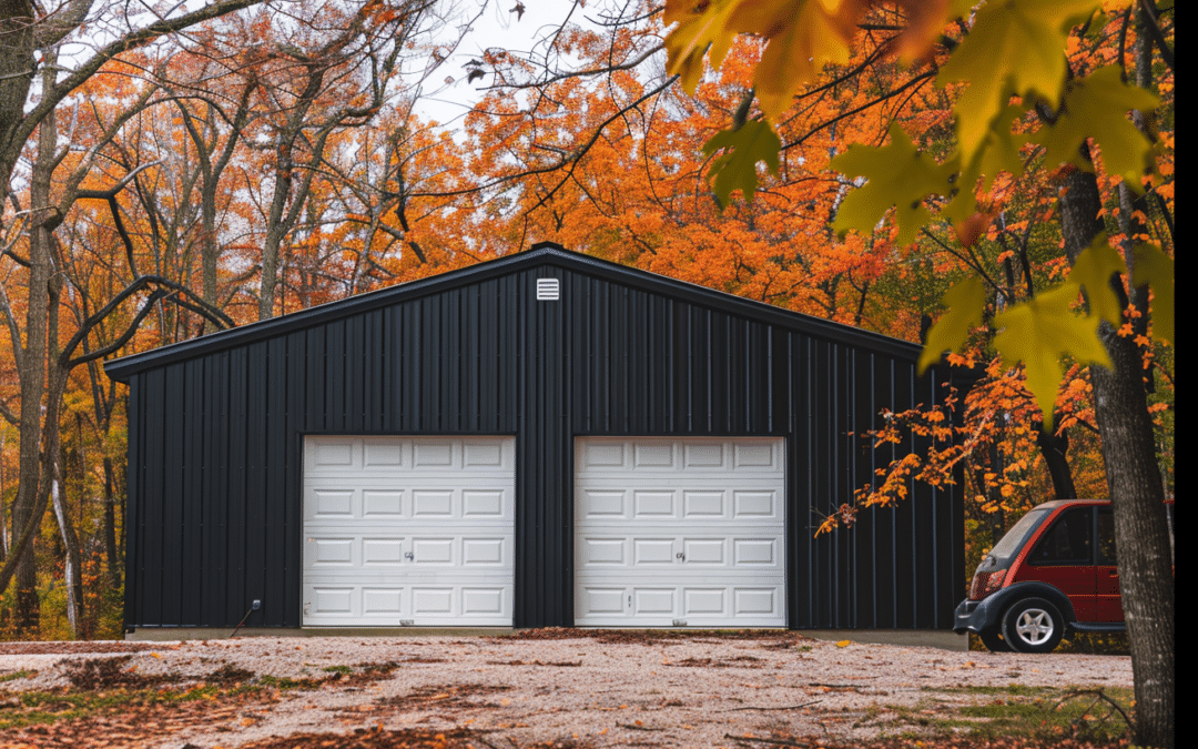 Durable steel garage kit featuring white double doors, perfect for homes in Manitoba