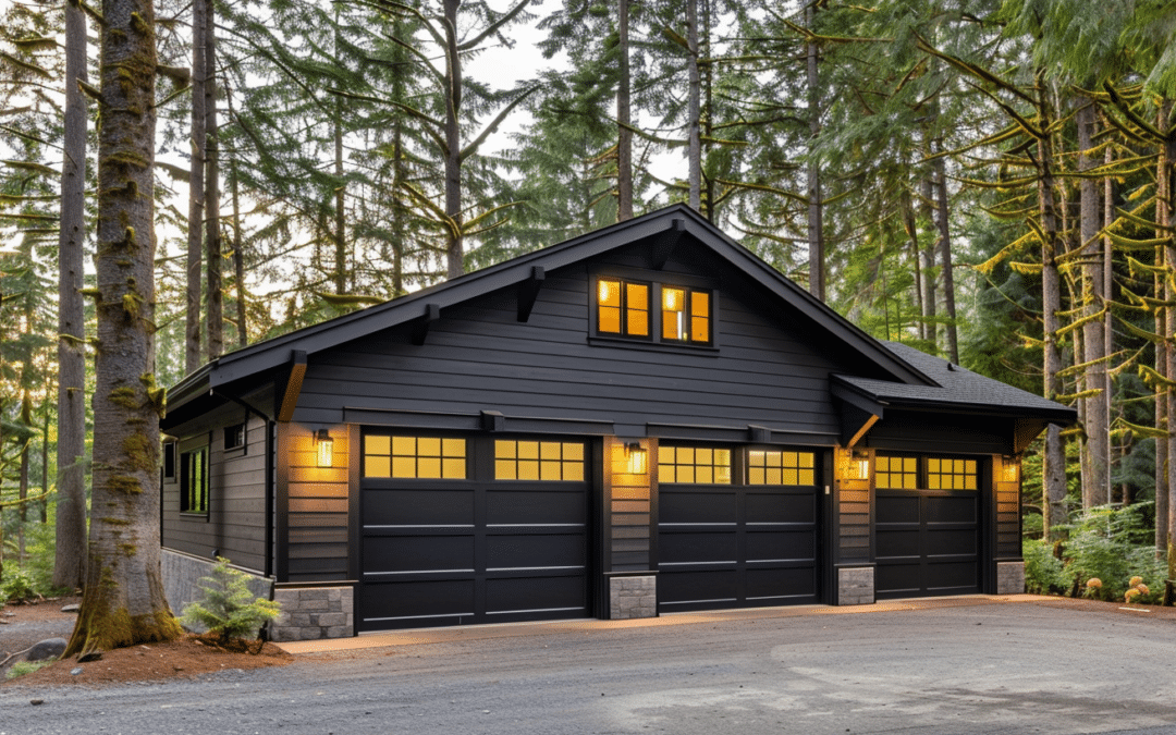 Stunning Ontario garage featuring stylish black doors for a modern look and curb appeal.